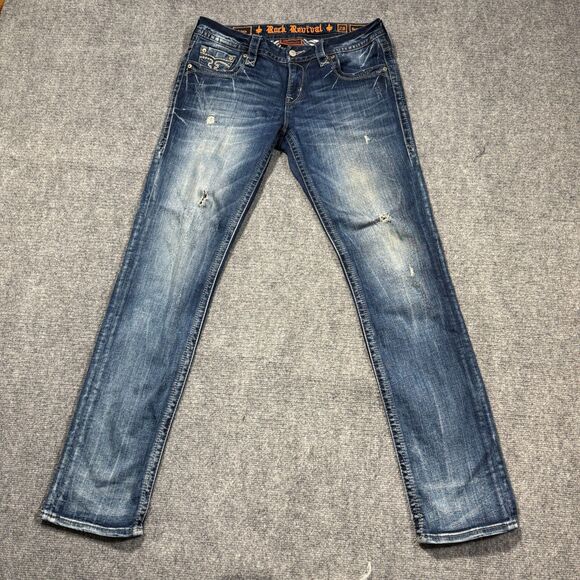 Rock Revival Jeans Womens 28 Alivia Easy Straight Stonewash Distressed 28x32 - Picture 1 of 11